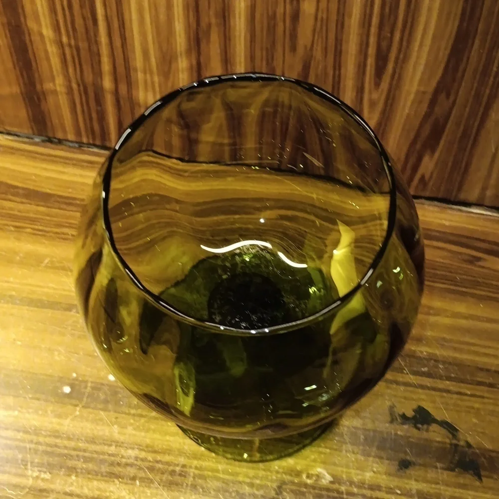 Vintage mcm olive green footed hand blown brandy sniffer 🫧 bubbles barware